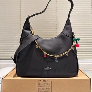 Coach Black Ella Pebbled Leather Hobo with Gold Charm Chain
